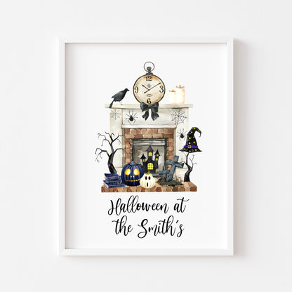 Halloween at the, spooky vibes at the personalised family halloween fireplace seasonal unframed wall art poster print