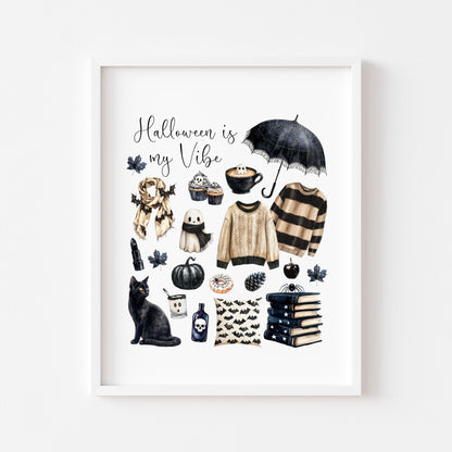 Halloween is my vibe monochrome beige Spooky poster print Wall Art (unframed)