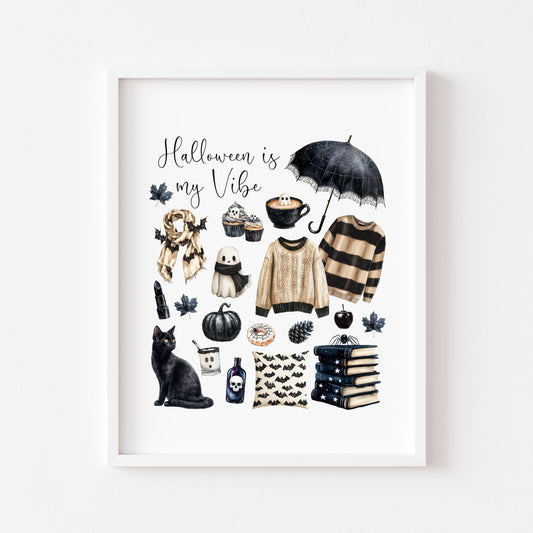 Halloween is my vibe monochrome beige Spooky poster print Wall Art (unframed)