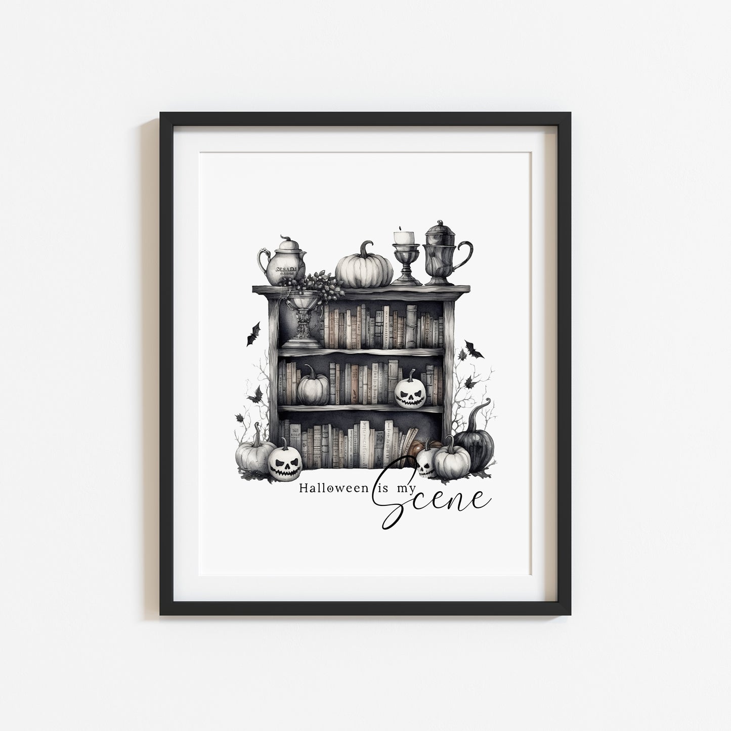 Halloween is my scene monochrome pumpkin scary witch watercolour bookcase seasonal celestial unframed wall art poster print