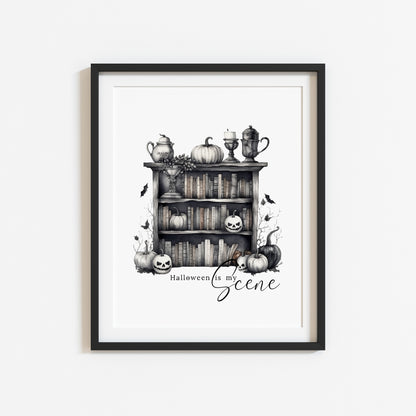 Halloween is my scene monochrome pumpkin scary witch watercolour bookcase seasonal celestial unframed wall art poster print