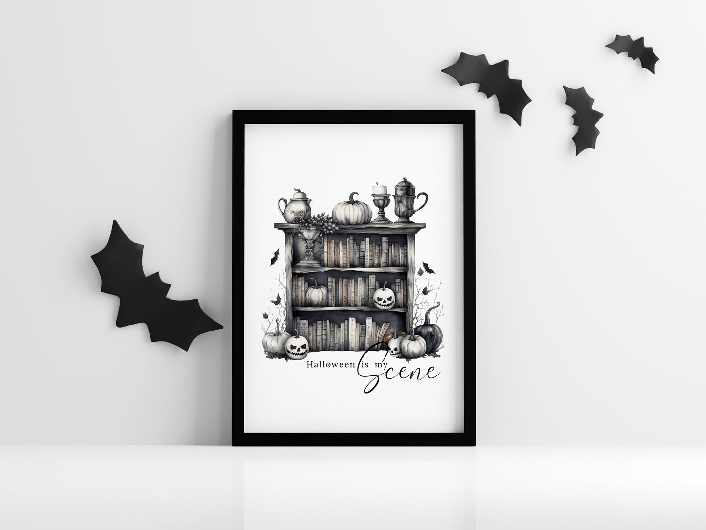 Halloween is my scene monochrome pumpkin scary witch watercolour bookcase seasonal celestial unframed wall art poster print
