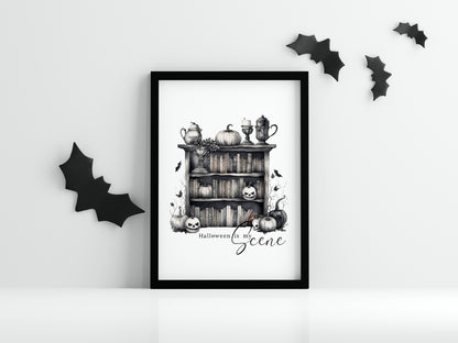 Halloween is my scene monochrome pumpkin scary witch watercolour bookcase seasonal celestial unframed wall art poster print
