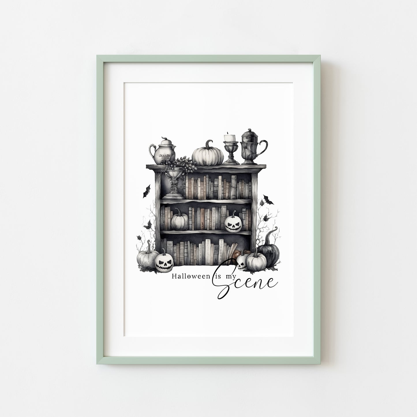 Halloween is my scene monochrome pumpkin scary witch watercolour bookcase seasonal celestial unframed wall art poster print