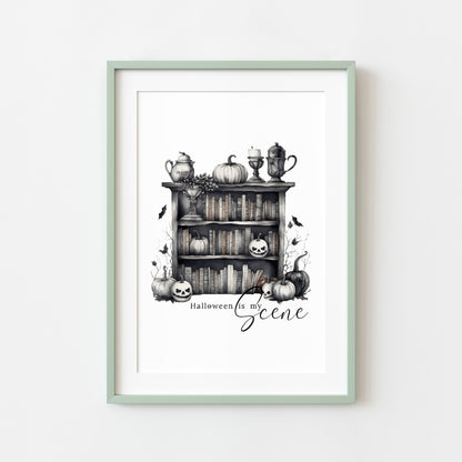 Halloween is my scene monochrome pumpkin scary witch watercolour bookcase seasonal celestial unframed wall art poster print