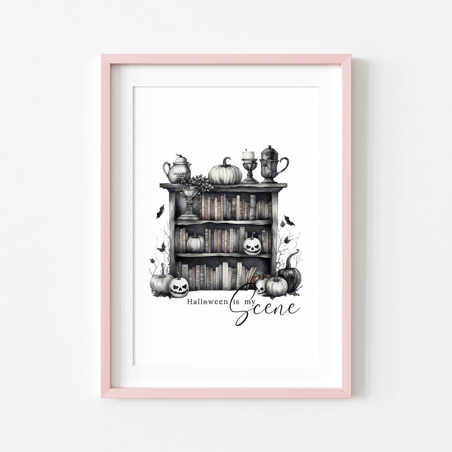 Halloween is my scene monochrome pumpkin scary witch watercolour bookcase seasonal celestial unframed wall art poster print