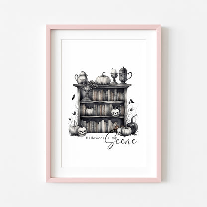 Halloween is my scene monochrome pumpkin scary witch watercolour bookcase seasonal celestial unframed wall art poster print