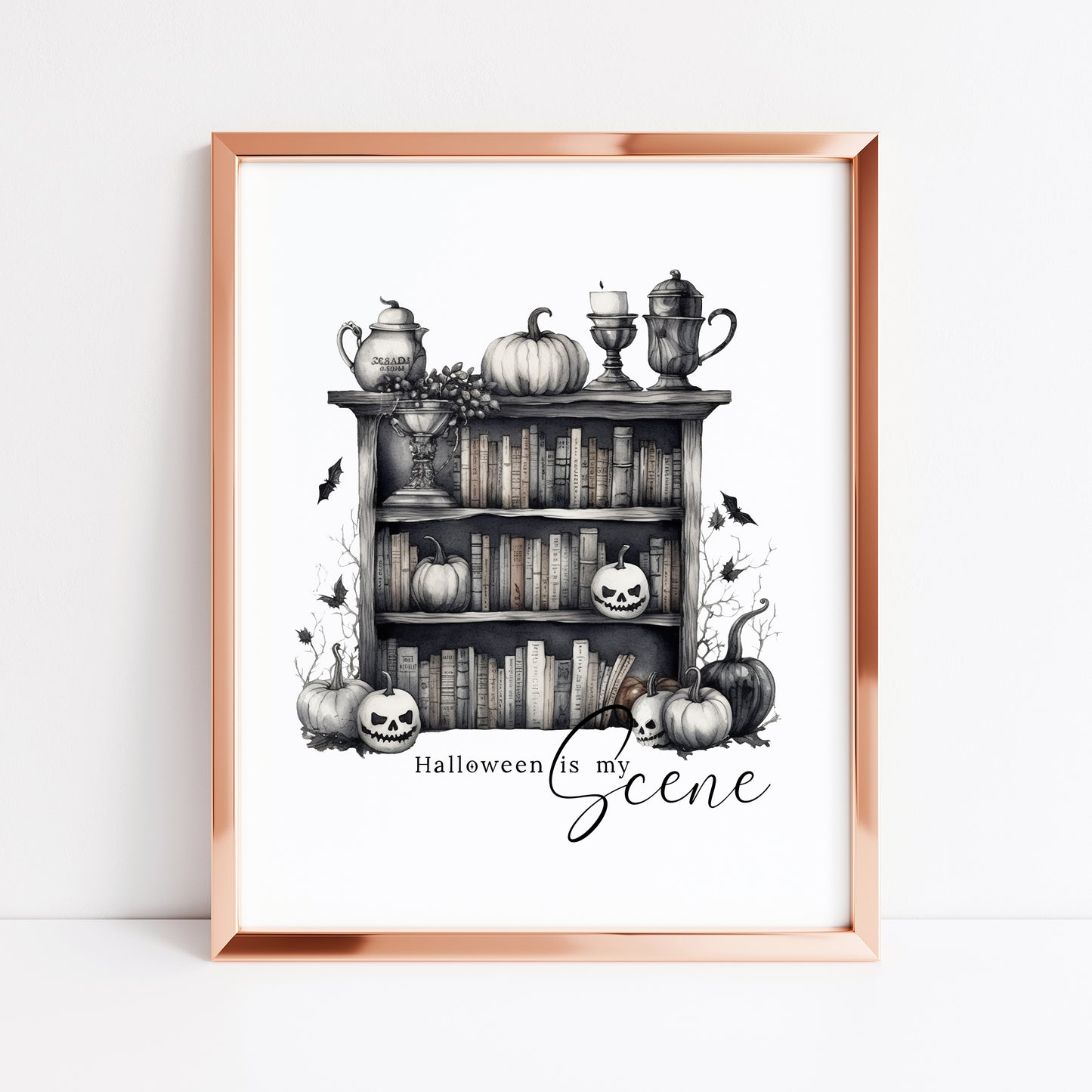Halloween is my scene monochrome pumpkin scary witch watercolour bookcase seasonal celestial unframed wall art poster print