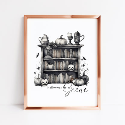 Halloween is my scene monochrome pumpkin scary witch watercolour bookcase seasonal celestial unframed wall art poster print