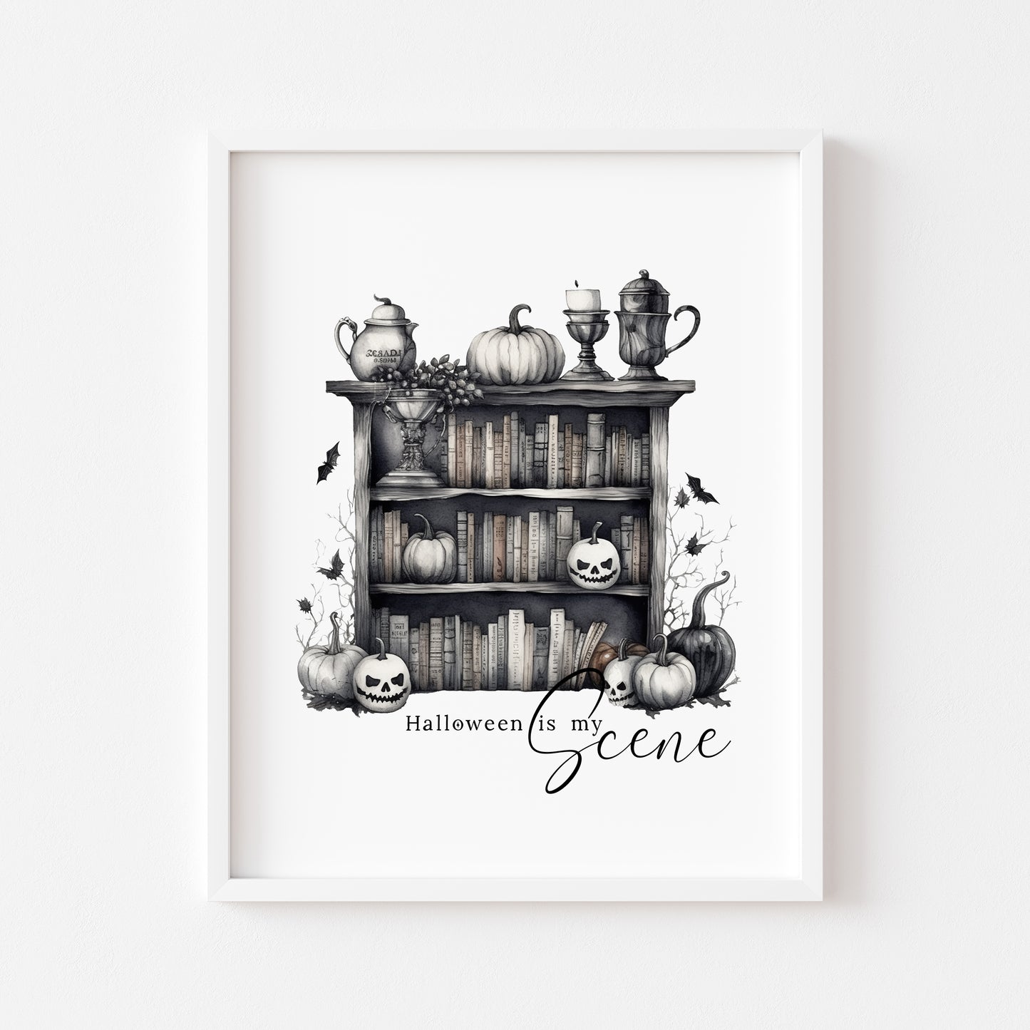 Halloween is my scene monochrome pumpkin scary witch watercolour bookcase seasonal celestial unframed wall art poster print