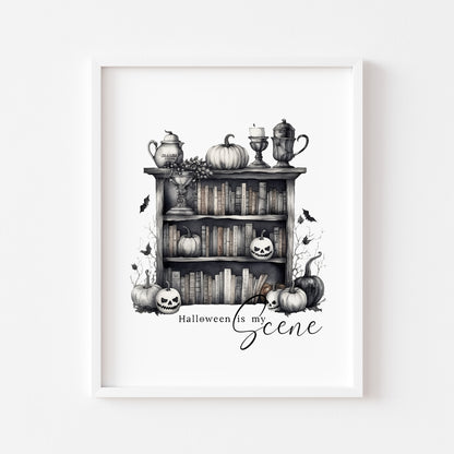Halloween is my scene monochrome pumpkin scary witch watercolour bookcase seasonal celestial unframed wall art poster print