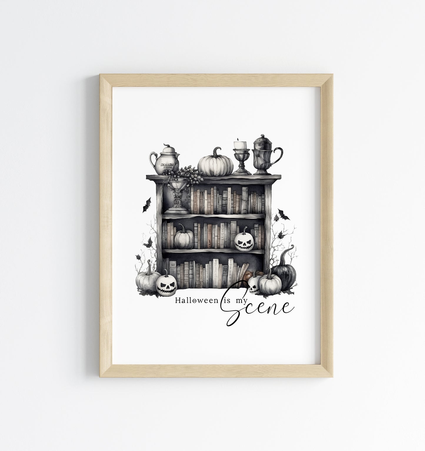 Halloween is my scene monochrome pumpkin scary witch watercolour bookcase seasonal celestial unframed wall art poster print