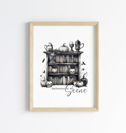 Halloween is my scene monochrome pumpkin scary witch watercolour bookcase seasonal celestial unframed wall art poster print