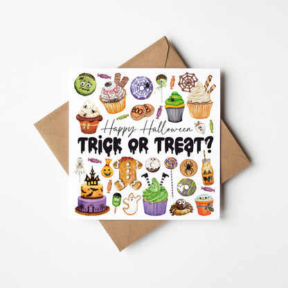 Halloween card, Happy Halloween trick or treat bright spooky fun sweet treat halloween sweets & bakes halloween seasonal card with envelope