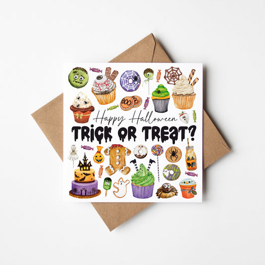 Halloween card, Happy Halloween trick or treat bright spooky fun sweet treat halloween sweets & bakes halloween seasonal card with envelope