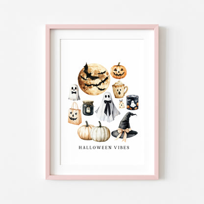 Halloween print, Halloween vibes ghosts pumpkins treats seasonal unframed wall art poster