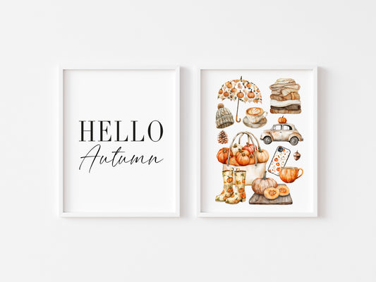 Set of 2 Autumn prints, Hello Autumn seasonal autumn favourites orange unframed wall art poster prints, seasonal decor, Autumn wall art set