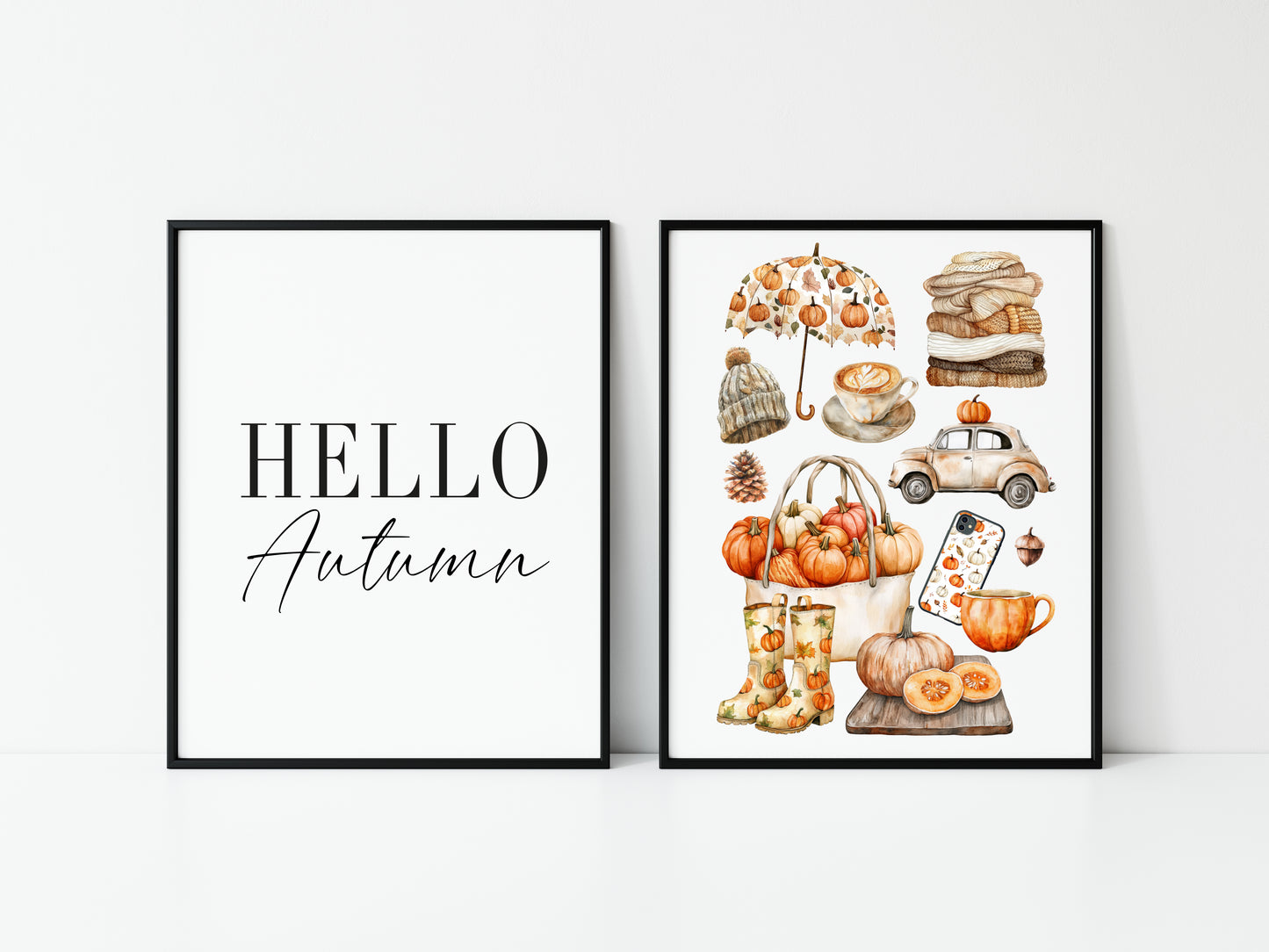 Set of 2 Autumn prints, Hello Autumn seasonal autumn favourites orange unframed wall art poster prints, seasonal decor, Autumn wall art set
