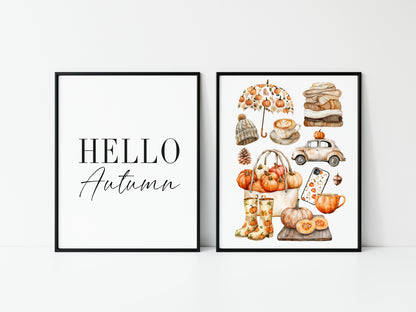 Set of 2 Autumn prints, Hello Autumn seasonal autumn favourites orange unframed wall art poster prints, seasonal decor, Autumn wall art set