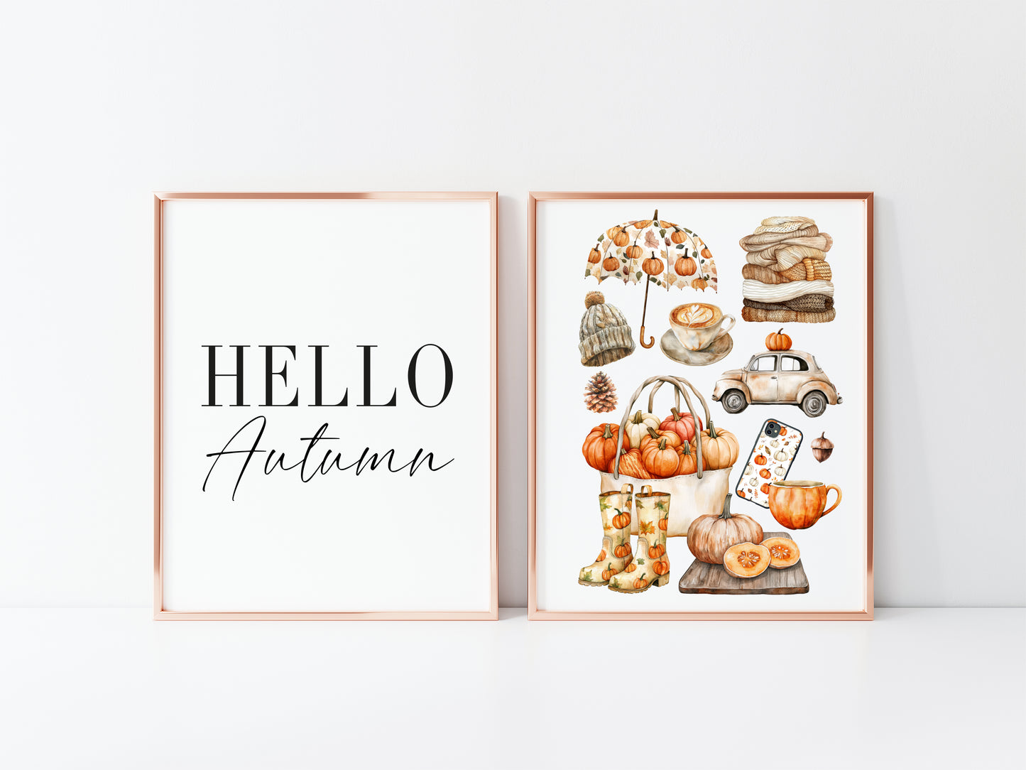Set of 2 Autumn prints, Hello Autumn seasonal autumn favourites orange unframed wall art poster prints, seasonal decor, Autumn wall art set
