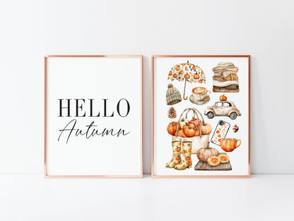 Set of 2 Autumn prints, Hello Autumn seasonal autumn favourites orange unframed wall art poster prints, seasonal decor, Autumn wall art set