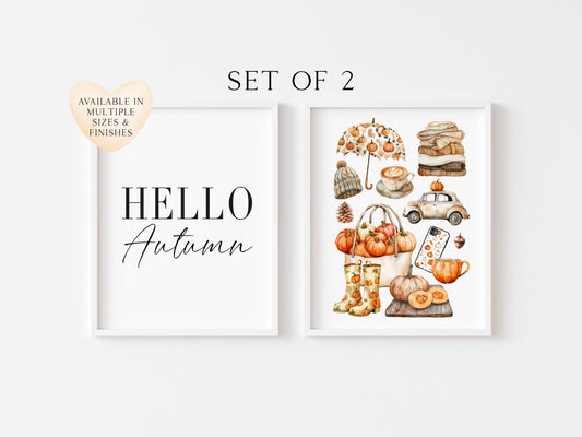 Set of 2 Autumn prints, Hello Autumn seasonal autumn favourites orange unframed wall art poster prints, seasonal decor, Autumn wall art set