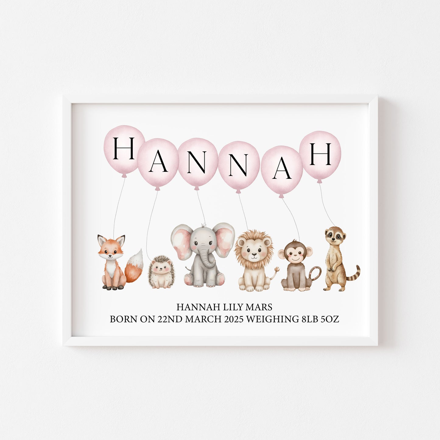 Personalised Safari Animals Nursery Print Pink Balloons, Birth Details unframed wall art poster print