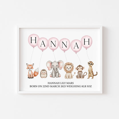 Personalised Safari Animals Nursery Print Pink Balloons, Birth Details unframed wall art poster print