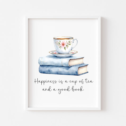 Tea and Books Watercolour Print Book Lover Gift, Unframed Wall Art