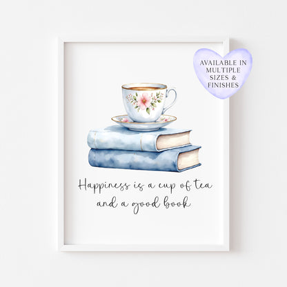 Tea and Books Watercolour Print Book Lover Gift, Unframed Wall Art