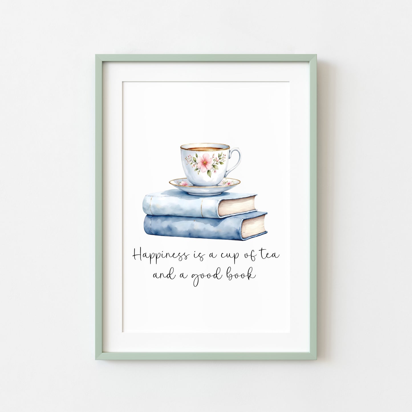 Tea and Books Watercolour Print Book Lover Gift, Unframed Wall Art
