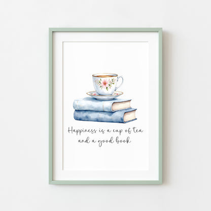 Tea and Books Watercolour Print Book Lover Gift, Unframed Wall Art