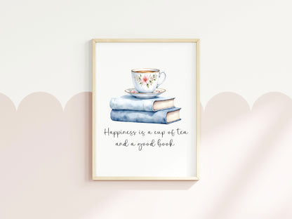 Tea and Books Watercolour Print Book Lover Gift, Unframed Wall Art