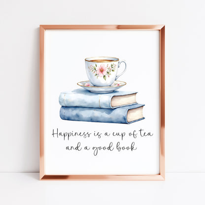 Tea and Books Watercolour Print Book Lover Gift, Unframed Wall Art