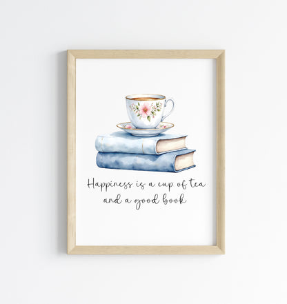 Tea and Books Watercolour Print Book Lover Gift, Unframed Wall Art