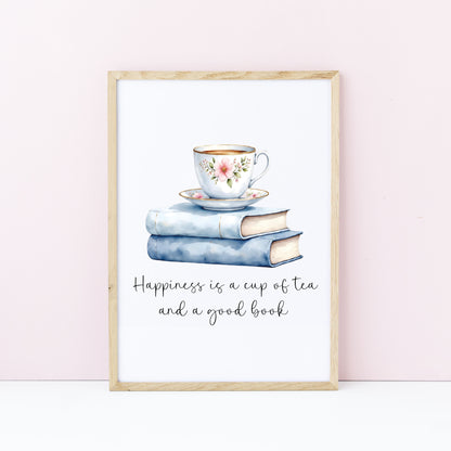 Tea and Books Watercolour Print Book Lover Gift, Unframed Wall Art