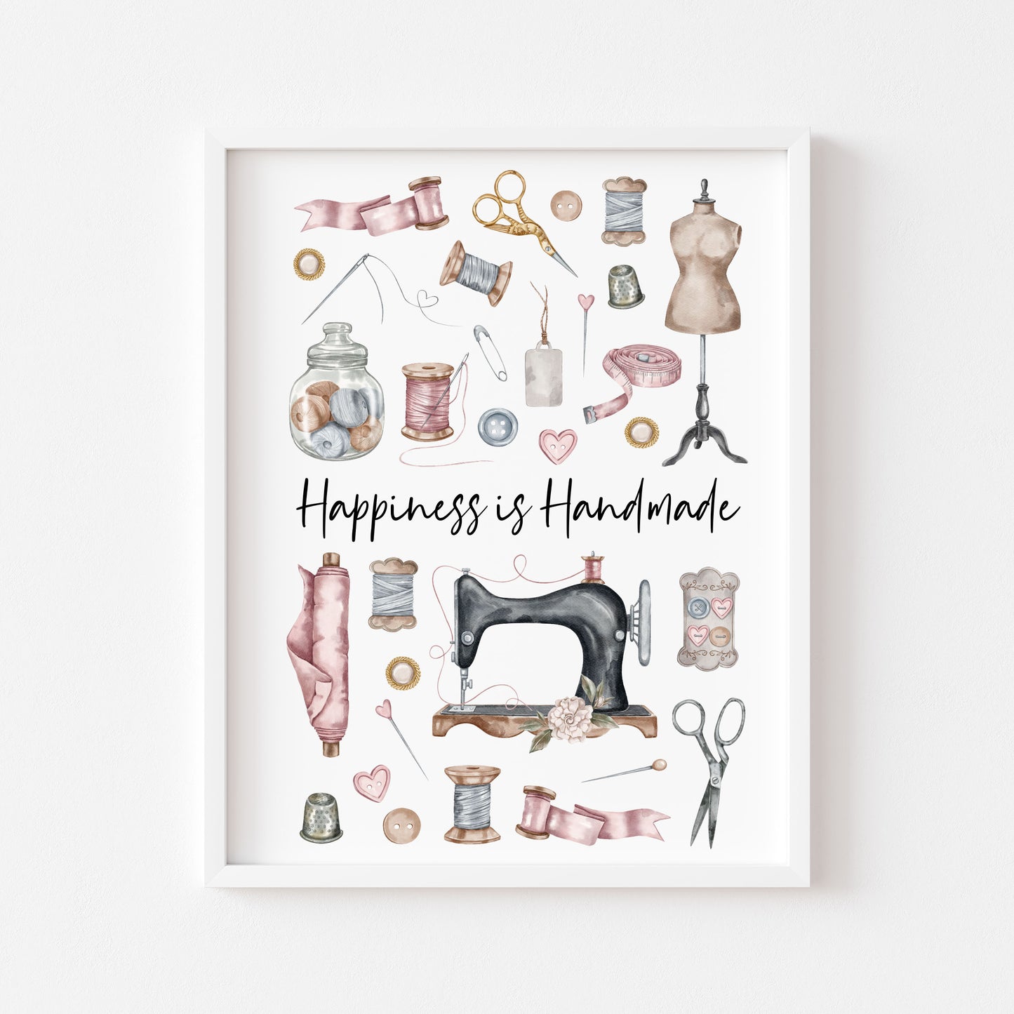Sewing print, Happiness is handmade vintage purple pink unframed wall art poster print