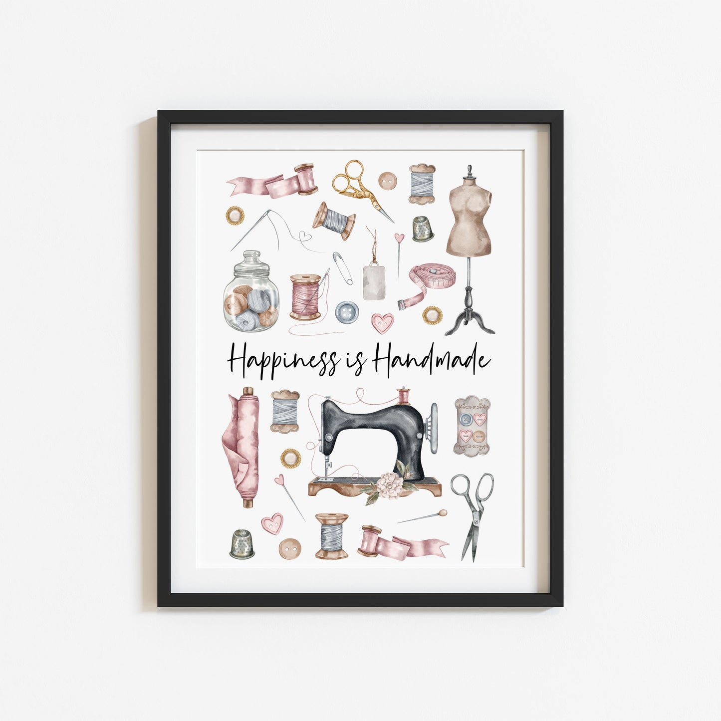 Sewing print, Happiness is handmade vintage purple pink unframed wall art poster print