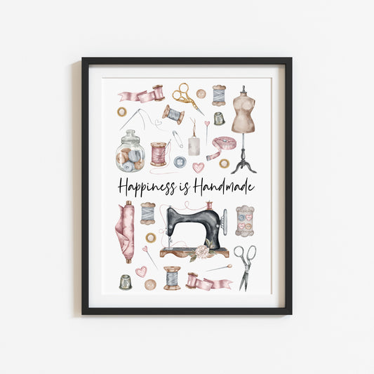 Sewing print, Happiness is handmade vintage purple pink unframed wall art poster print