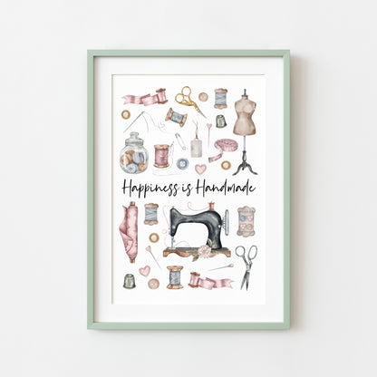 Sewing print, Happiness is handmade vintage purple pink unframed wall art poster print