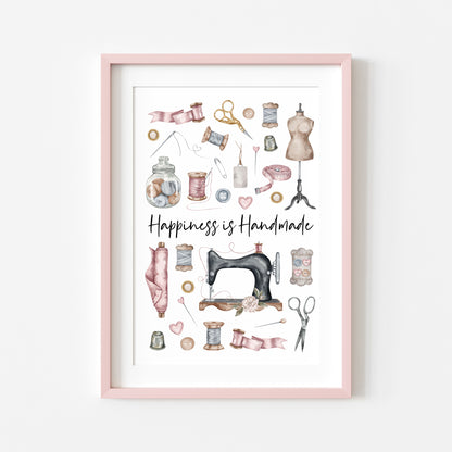 Sewing print, Happiness is handmade vintage purple pink unframed wall art poster print