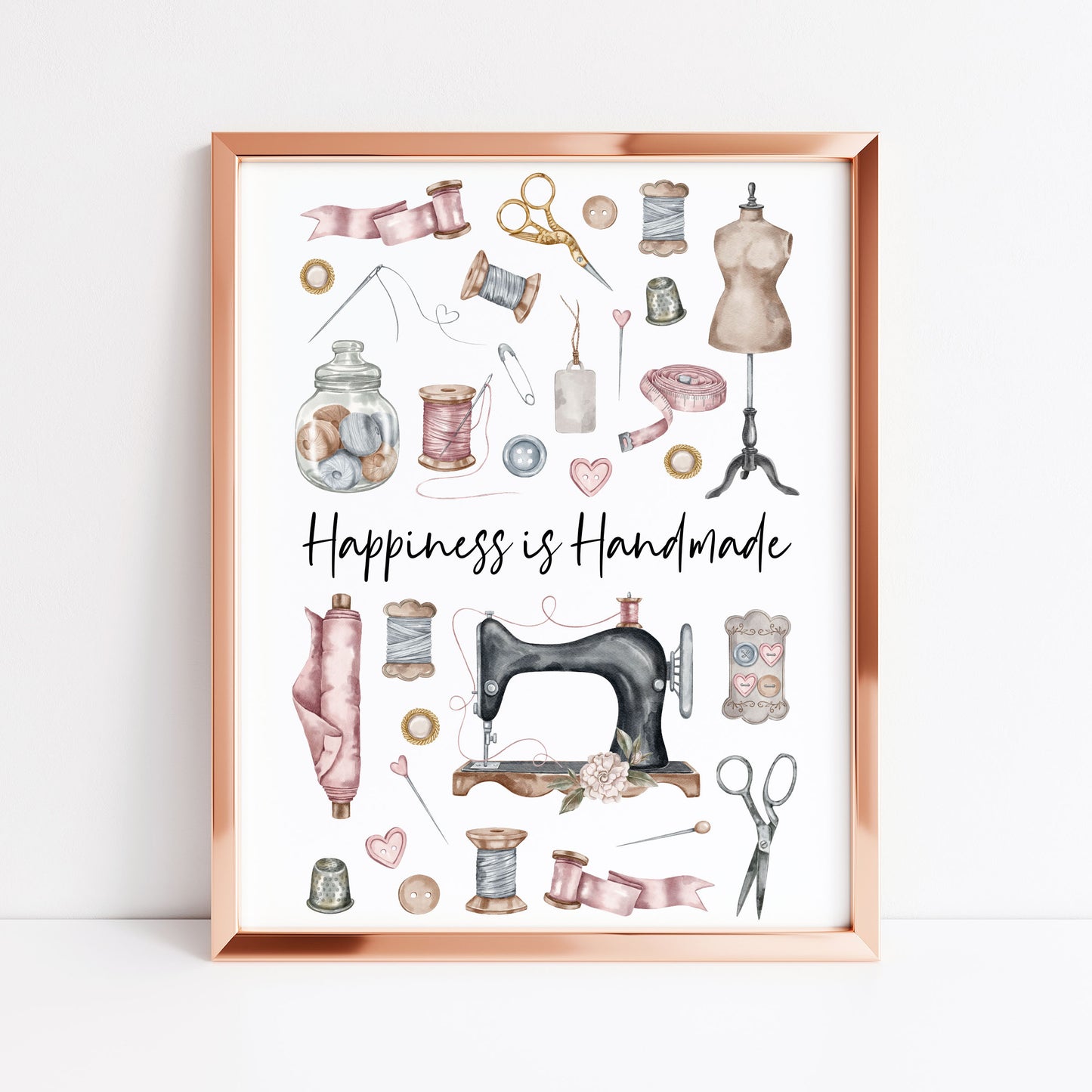 Sewing print, Happiness is handmade vintage purple pink unframed wall art poster print