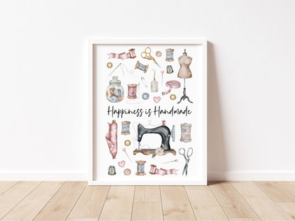 Sewing print, Happiness is handmade vintage purple pink unframed wall art poster print