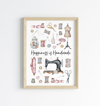 Sewing print, Happiness is handmade vintage purple pink unframed wall art poster print
