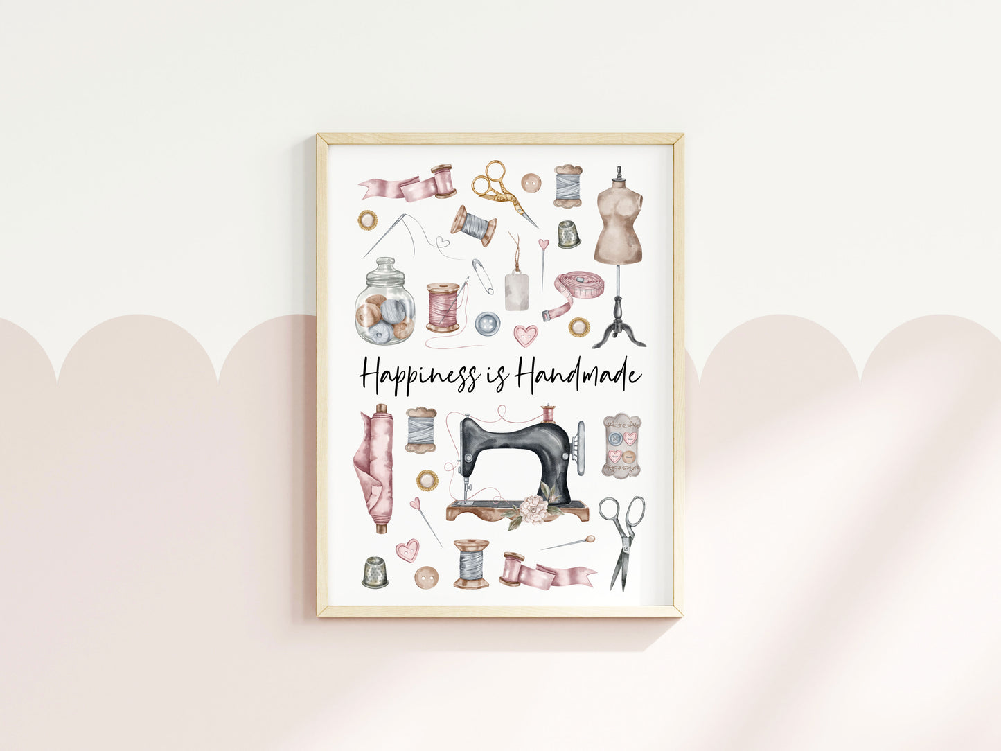 Sewing print, Happiness is handmade vintage purple pink unframed wall art poster print