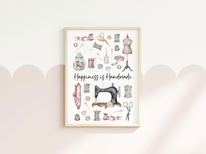 Sewing print, Happiness is handmade vintage purple pink unframed wall art poster print