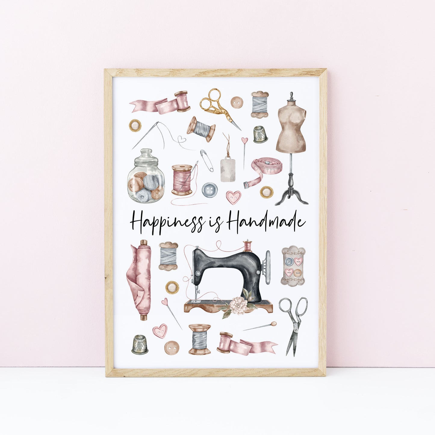 Sewing print, Happiness is handmade vintage purple pink unframed wall art poster print