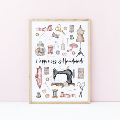 Sewing print, Happiness is handmade vintage purple pink unframed wall art poster print