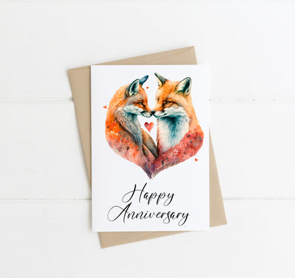 Anniversary card Happy anniversary foxes animal cute couple love romantic hearts watercolour anniversary card envelope,kraft brown or white