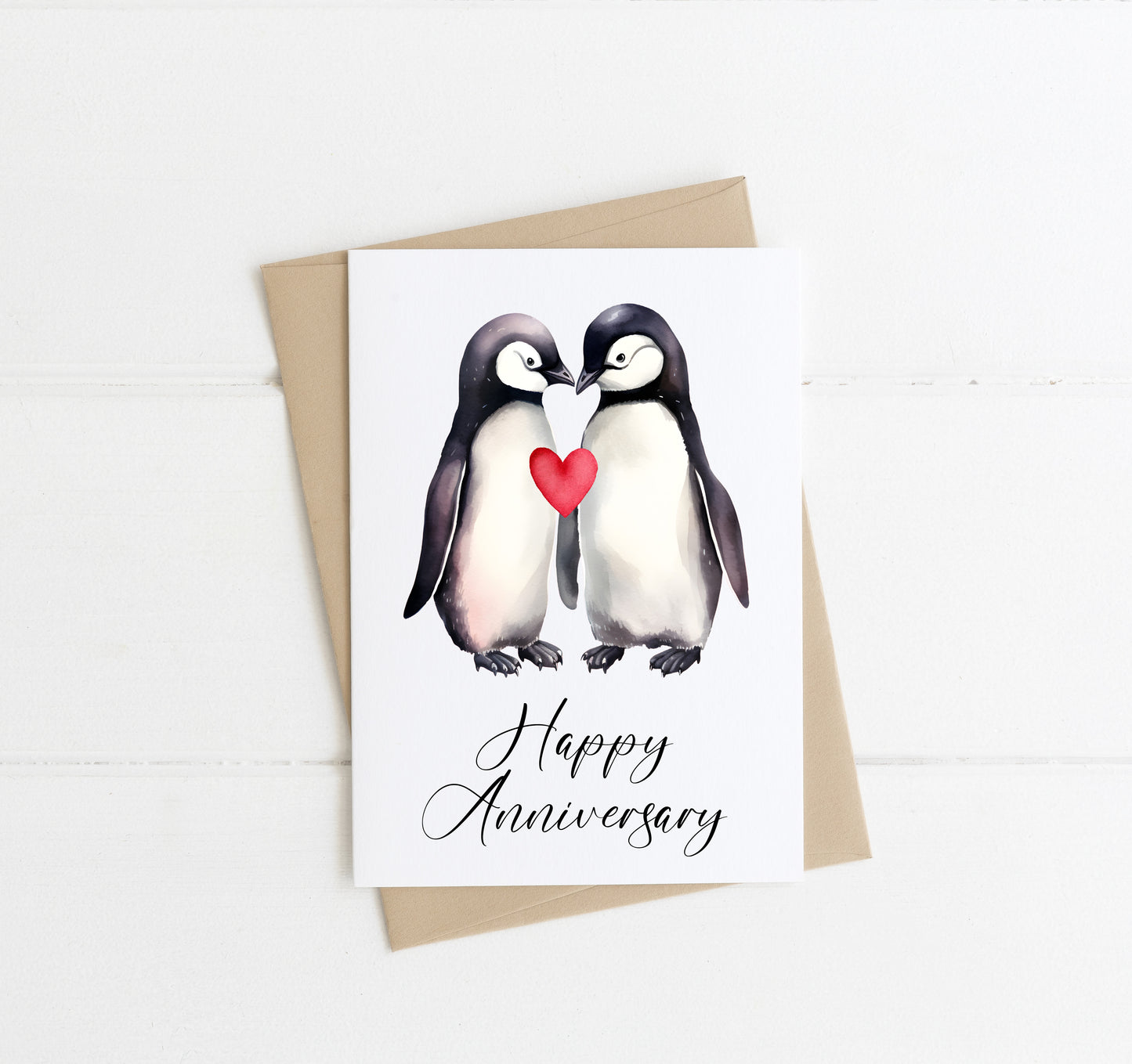 Anniversary card Happy anniversary Penguins animal cute couple one red love heart watercolour anniversary card envelope,kraft brown or white